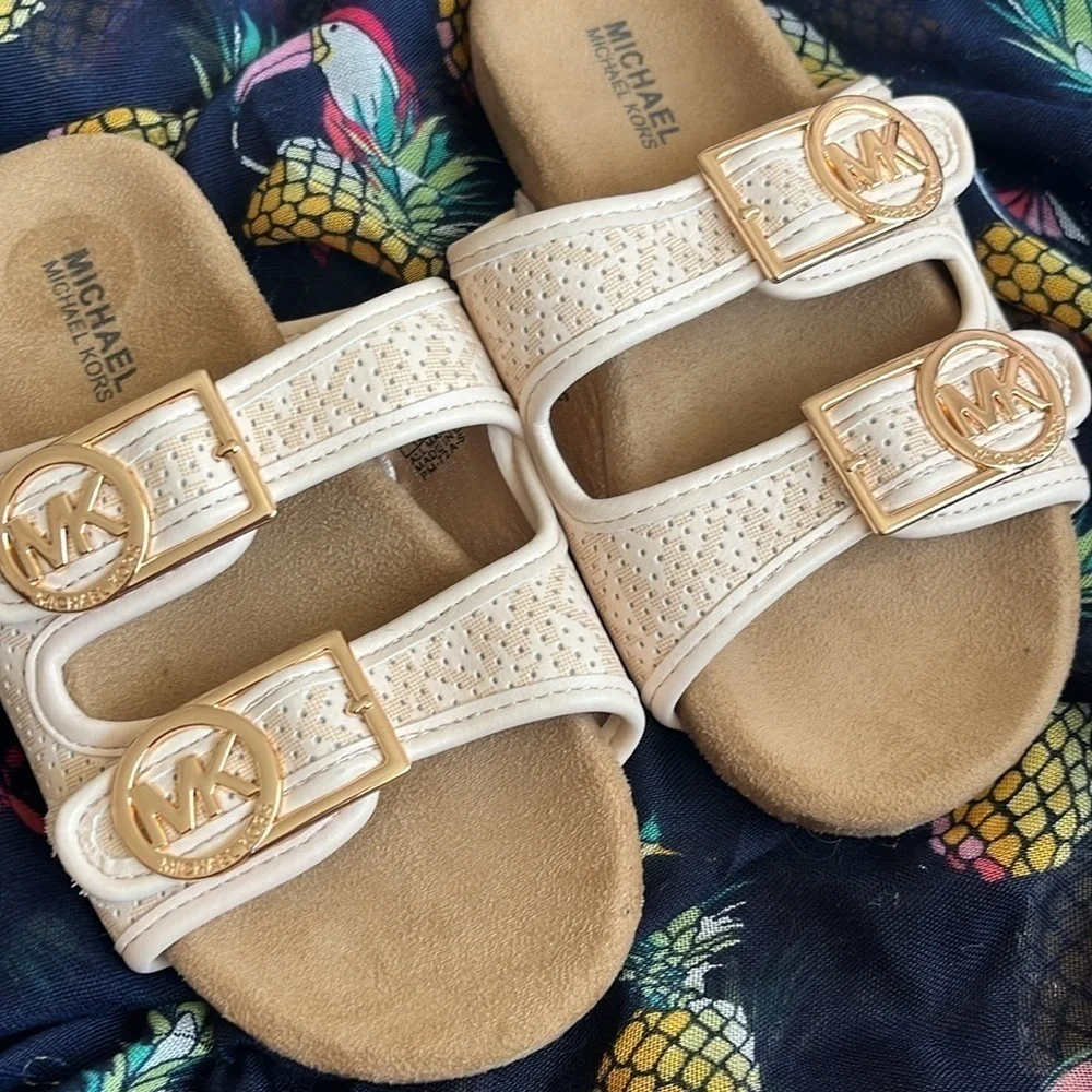 Brand New Michael Kors Zoria Adjustable Strap Slides Sandals Blush Gold Tone